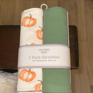 Modern Baby Pumpkin and Green Swaddle Set